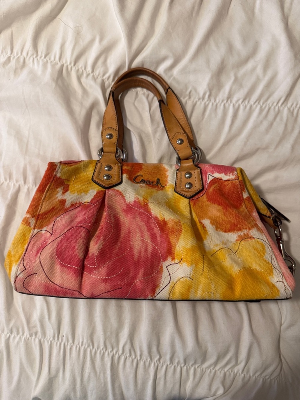Coach Floral Canvas Satchel in Pink, Yellow & Orange with Leather Trim